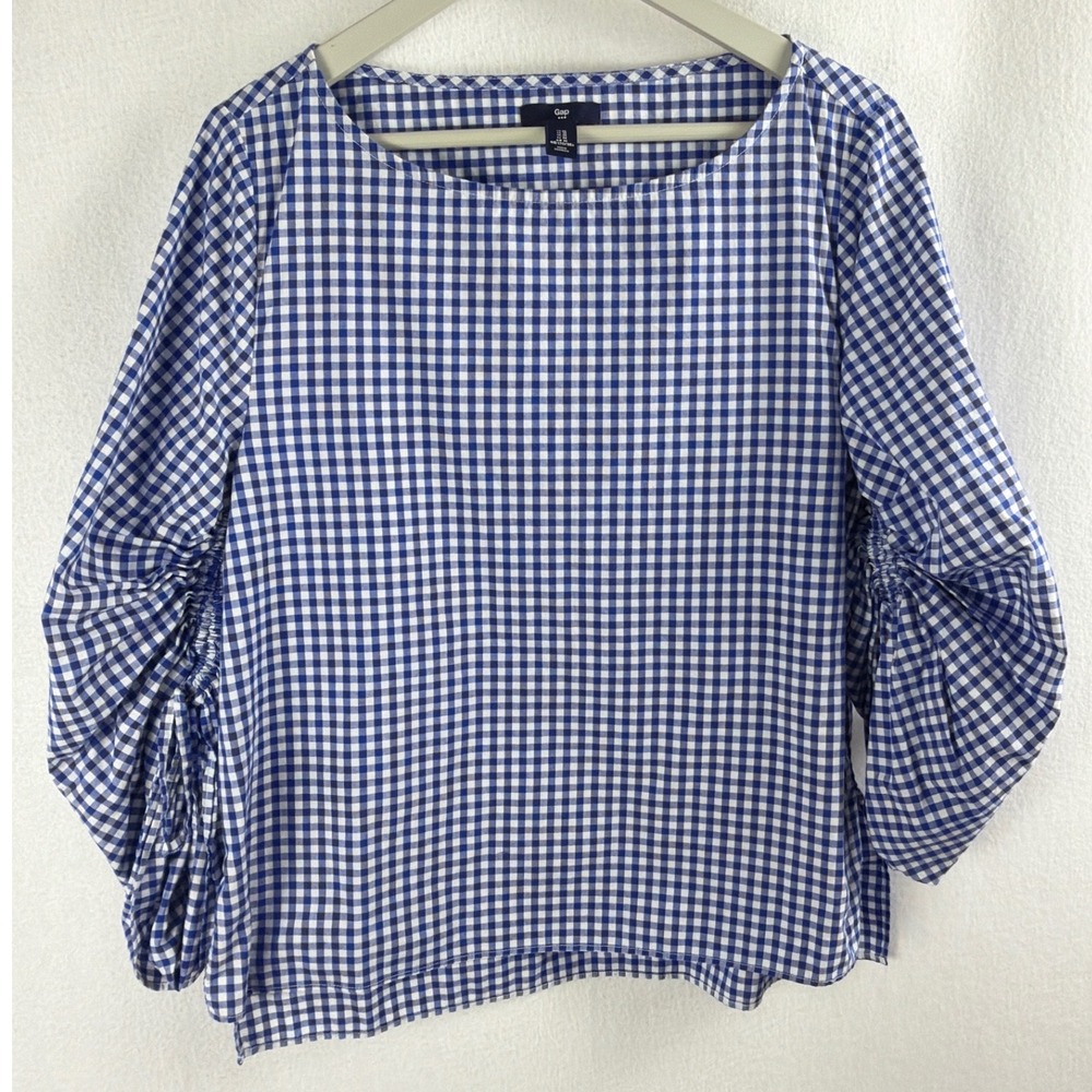 Gap Womens Blue Gingham Puff Sleeve Blouse Boat Neck Cotton Top Size M